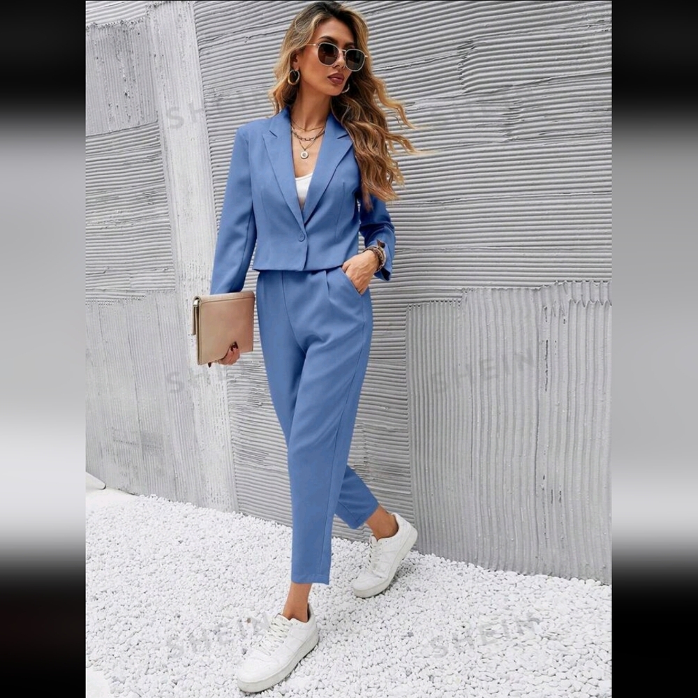 Blue Short Suit Jacket and Pleated Pants